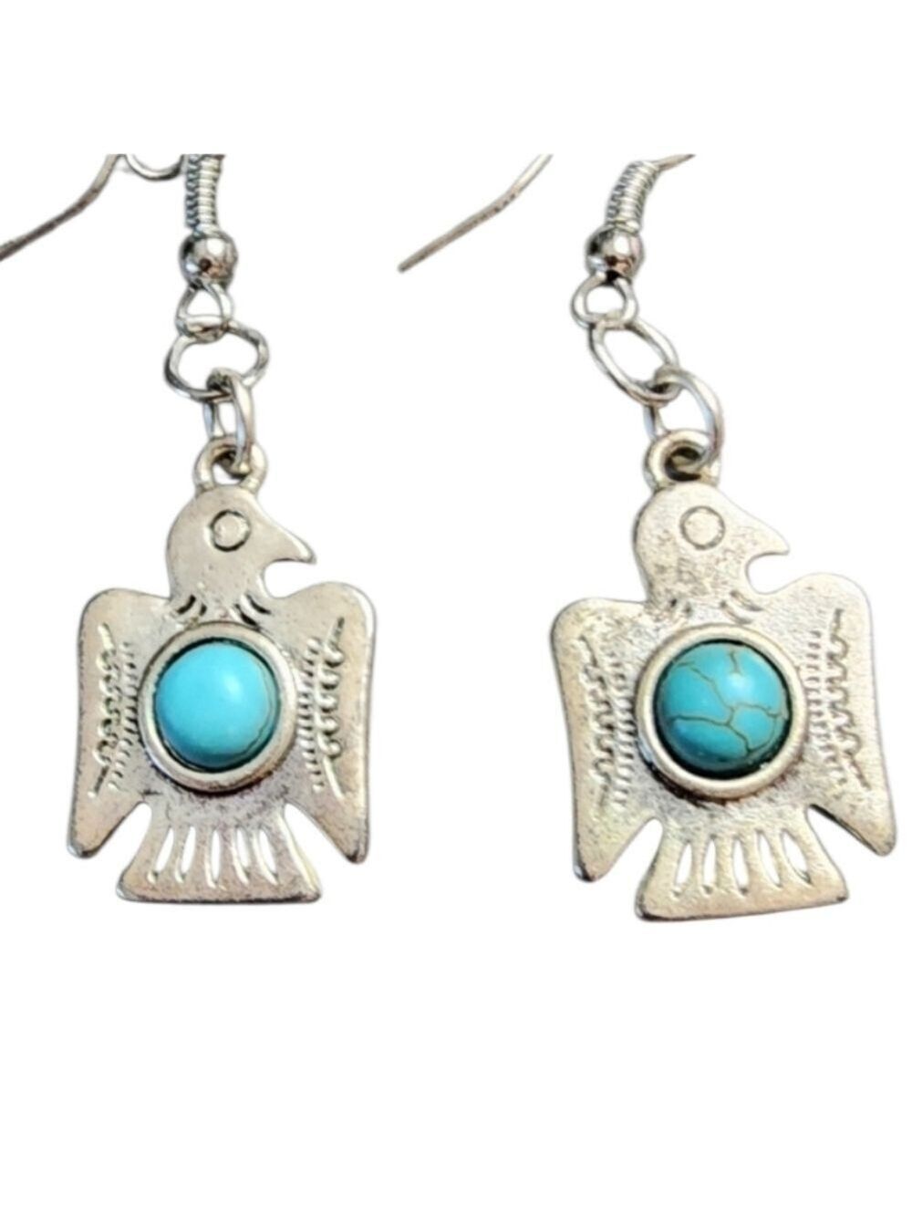 Silver and Blue Thunderbird Earrings with Turquoise Stone - Picture 1 of 2